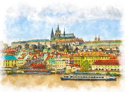 watercolor painted cruise ship on the shore of Prague