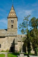 bell tower with tile roof, medieval church, france, Burgundy