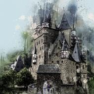 Beautiful painting of the Burg Eltz castle, among the green trees, in Germany, clipart