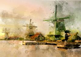 windmills in village at river, digital painting