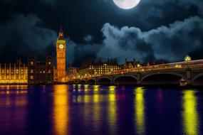 Skyline of city with landmarks at full moon night, uk, England, London