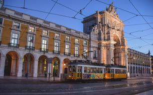 vintage Tram in old City at dusk, portugal, lisbon