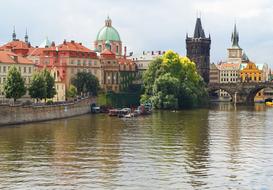 panorama of historical architecture on the waterfront in Prague, Czech Republic