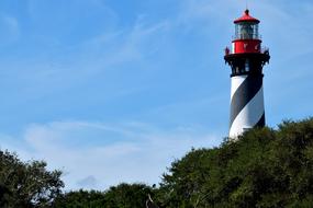 Colorful lighthouse, in light and shadow, among the green trees, at blue sky with white clouds on background