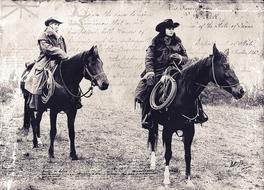 Black and white photo with the cowboys on the beautiful gorses, at background with the letter