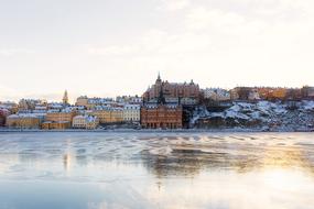 frozen river, Stockholm embankment, Sweden