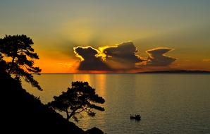 Beautiful shore with trees, at colorful sunset in Trilye, Turkey