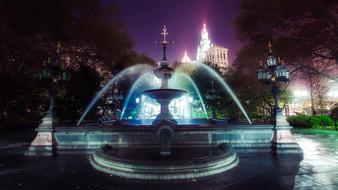 illuminated Fountain in front of City Hall at night, usa, New York city