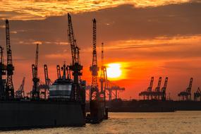 beautiful Hamburg Port red sunset