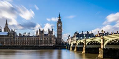 Beautiful landscape of London, with the Big Ben clock on the tower, parliament bridge, above the Thames river