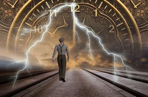 a man walks along the railway tracks against the background of lightning and an antique clock