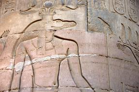 sobek goddes, ancient stone carving on wall of Temple of Kom Ombo, egypt