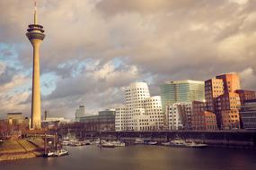 panorama of the river Rhine and the TV Tower in Dusseldorf