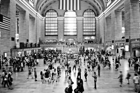 black and white photo of people at New York Central Station