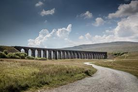 Ribblehead Viaduct and winding road in rural landscape, uk, england