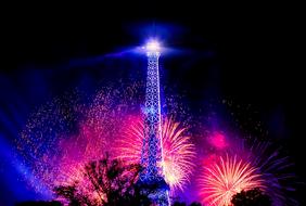 Eiffel Tower on the background of multi-colored fireworks in Paris
