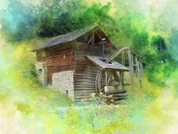 Beautiful, wooden water mill, among the beautiful, green plants, in light