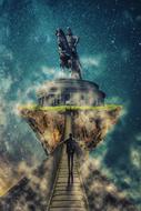man on Walkway to giant equestrian statue in universe, digital art