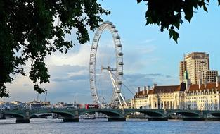 distant view of the London eye behind the bridge