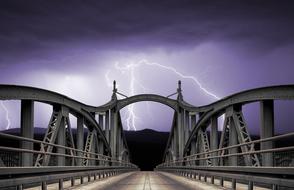 Landscape with the bridge, near the mountain, and lightning in the dark sky, with the clouds