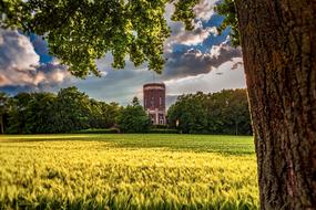 brick water tower in sunny evening