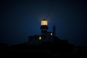 lighthouse with bright light on a hill in the dark