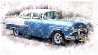 Beautiful drawing of the blue and white, retro Chevrolet car in Havana, Cuba