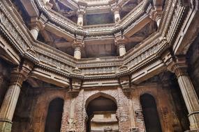 Beautiful, patterned Adalaj Step Well, Gujarat, India, in sunlight
