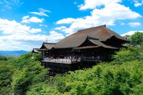 Beautiful Kiyomizu-Dera temple among the green trees in Kyoto, Japan