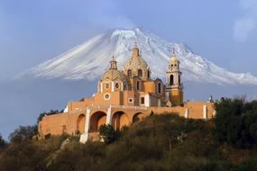 landscape of Ancient monastery Architecture and snowy mountain