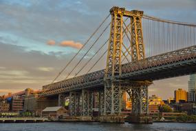 brooklyn bridge against the evening sky in new york