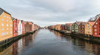 colorful buildings by the river in Trondheim, Norway