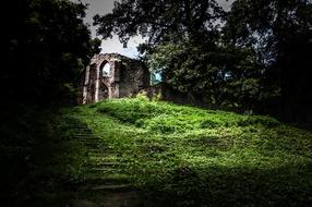 ruins of a medieval church in the forest at dusk