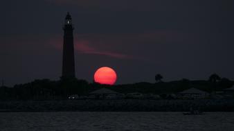 red setting sun over the lighthouse