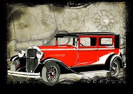 car vintage old red drawing