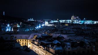 panoramic view of Prague night in winter