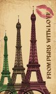 Colorful and beautiful Eiffel Towers, red kiss sign and 