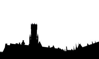 Black silhouettes of the beautiful buildings in Bruge, Belgium at white background