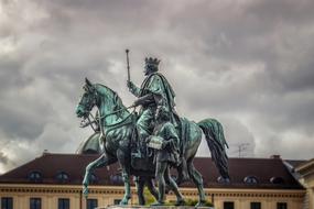 Statue of Ludwig I, on the horse, in Munich, Bavaria, Germany, under the cloudy sky