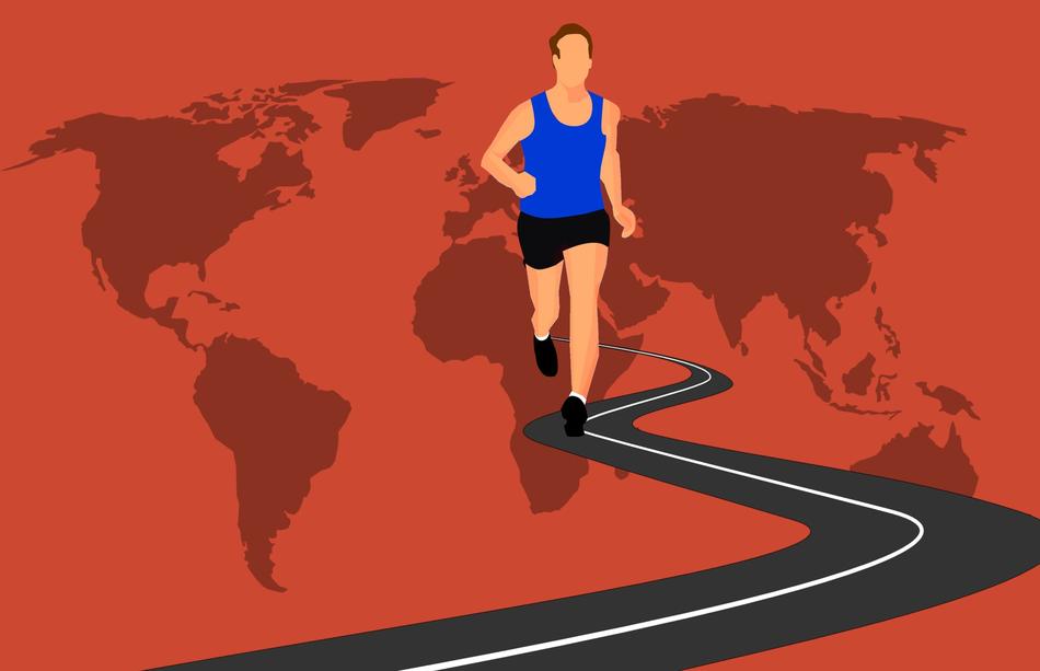 world marathon runner on the background with Earth