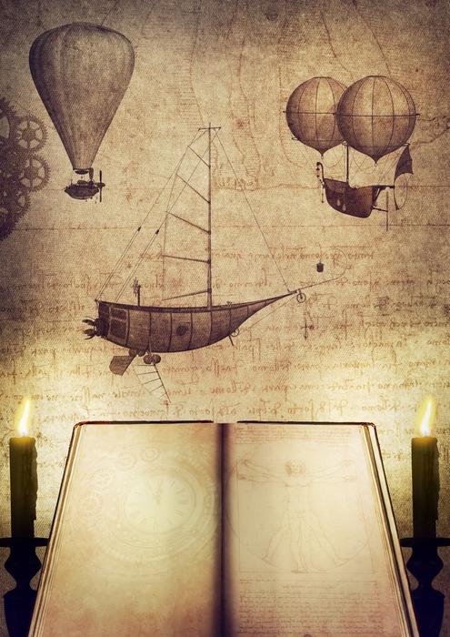 Beautiful and vintage drawing of the inventions and book