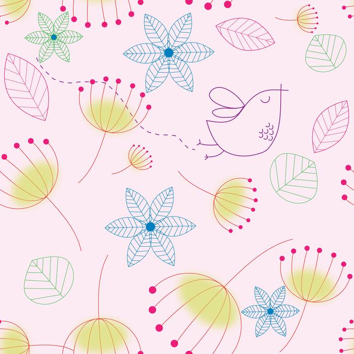 background with drawn birds and flowers
