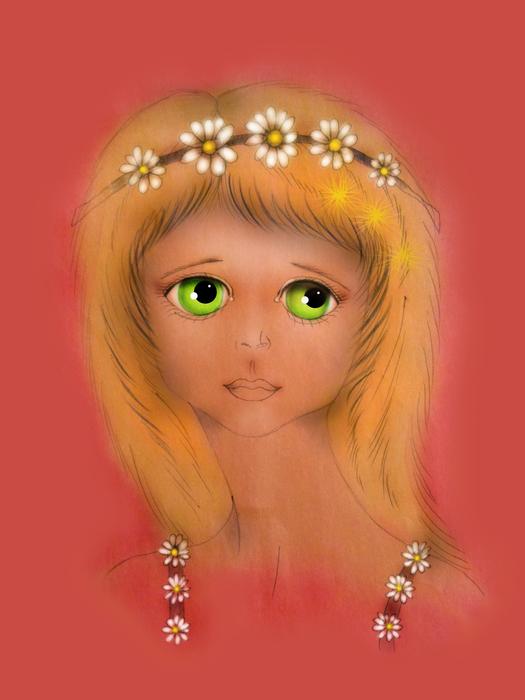 wreath on green eyed girl head, drawing