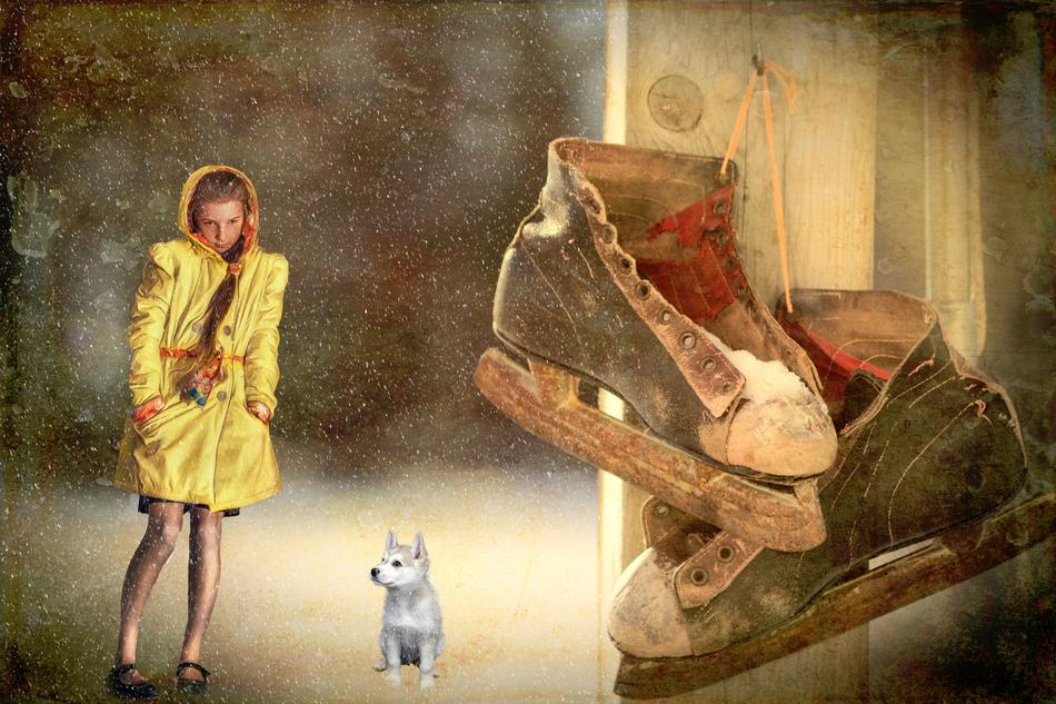 old skates on the background of a girl with a dog