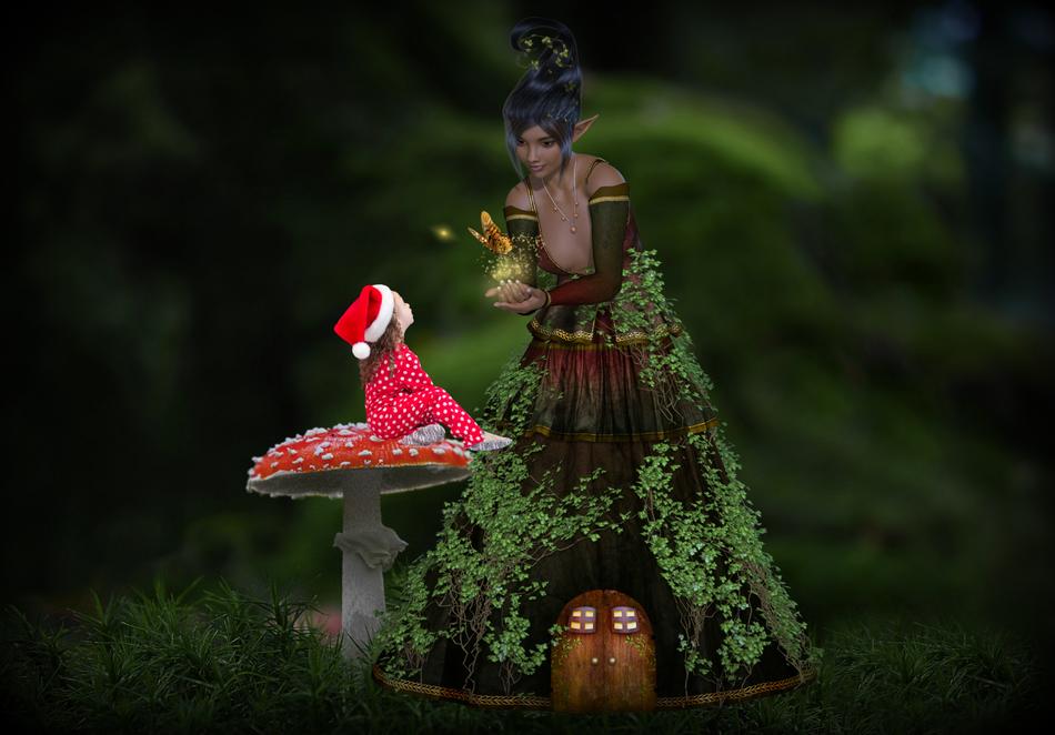 mystical image of a girl on a fly agaric and a forest fairy