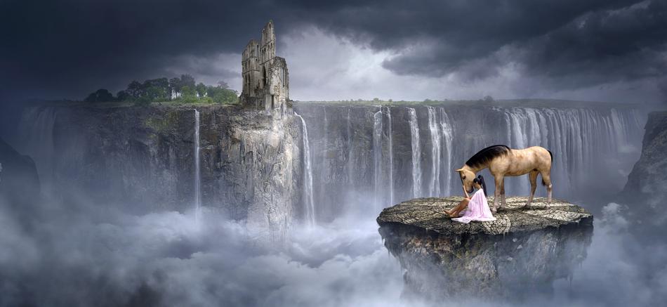 Girl with the horse on the landscape among waterfalls