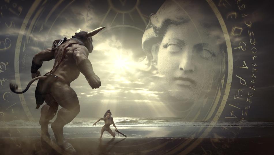 photomontage of the minotaur on the background of the sky with angels