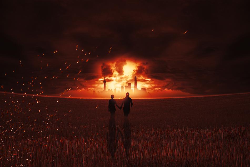 couple holding hands on meadow in view of fire in city, collage