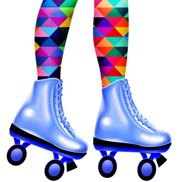 Colorful legs with shapes in the blue, shiny roller skates from the 1980's, clipart