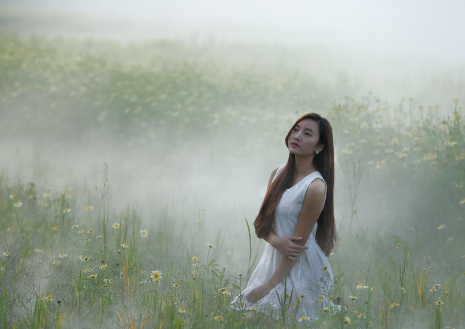 Girl on foggy Flowers Garden Improvement